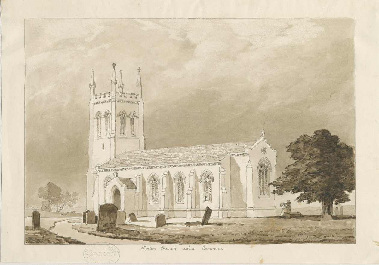 Norton Canes Church: sepia vask tegning af Thomas Peploe Wood