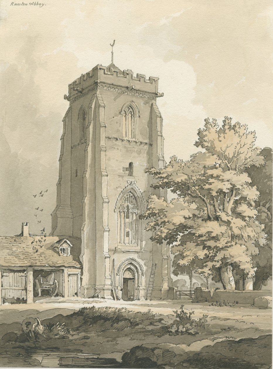 Ranton Abbey [Priory]: pen og vask tegning, nd [?1838] (tegning) af Thomas Peploe Wood