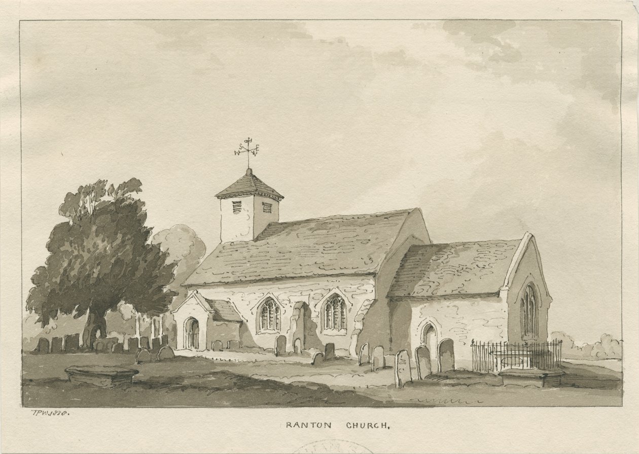 Ranton Church: sepia tegning af Thomas Peploe Wood