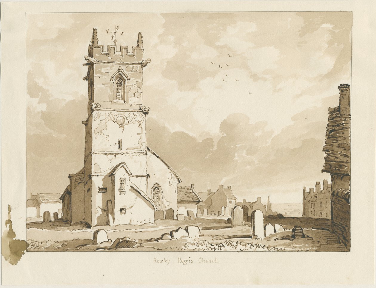 Rowley Regis Church: sepia drawing, 1837dani af Thomas Peploe Wood