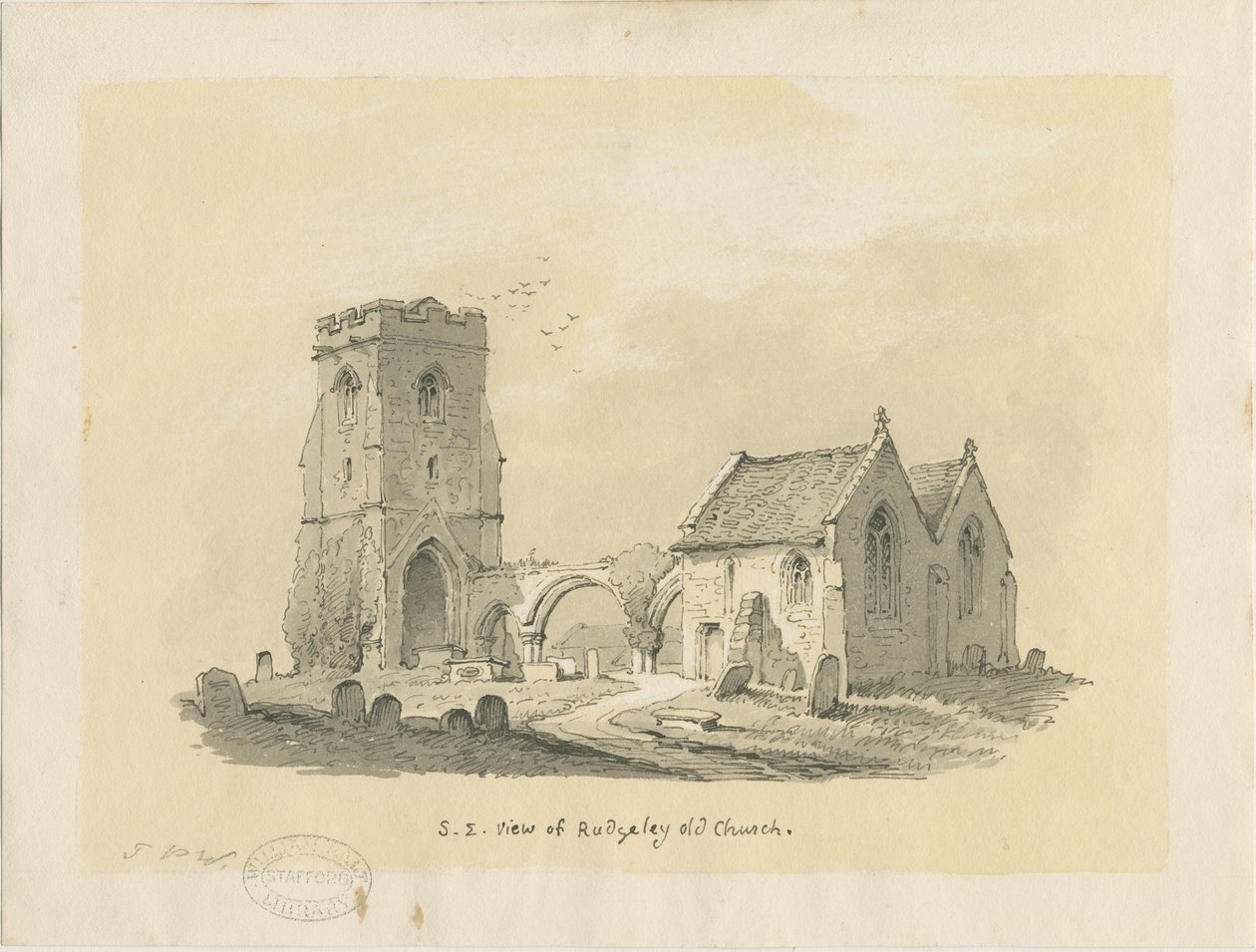 Rugeley Church (gammel): sepia-tegning på tonet papir, nd [?1839] (tegning) af Thomas Peploe Wood