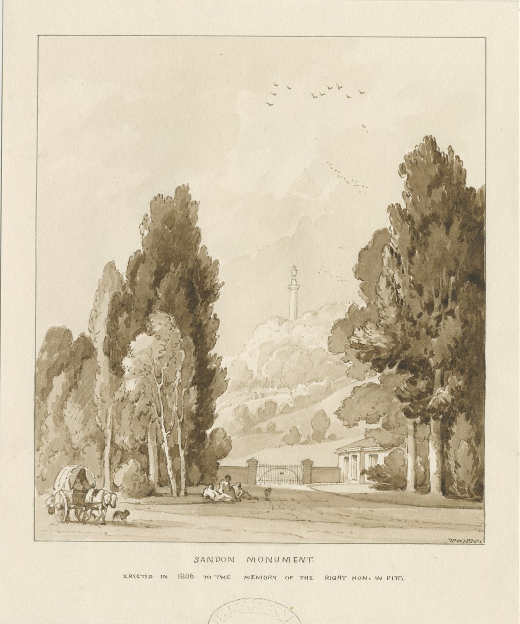 Sandon - Monument to William Pitt: sepia wash drawing, 1838dani af Thomas Peploe Wood