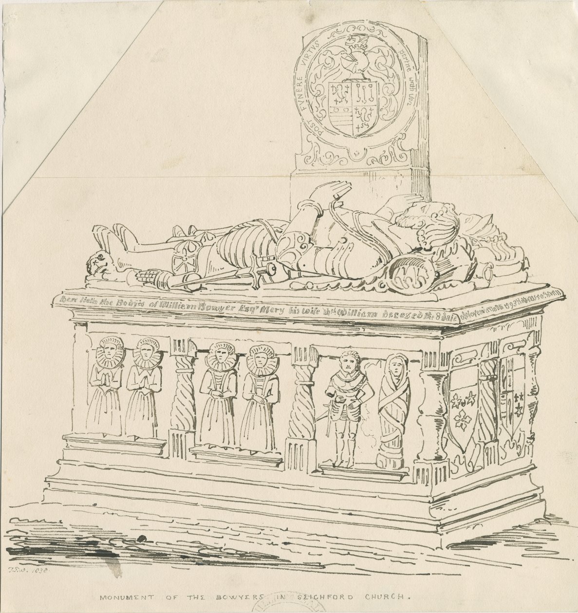 Seighford Church - Tomb of William and Mercy Bowyer: pen- og blæktegning af Thomas Peploe Wood