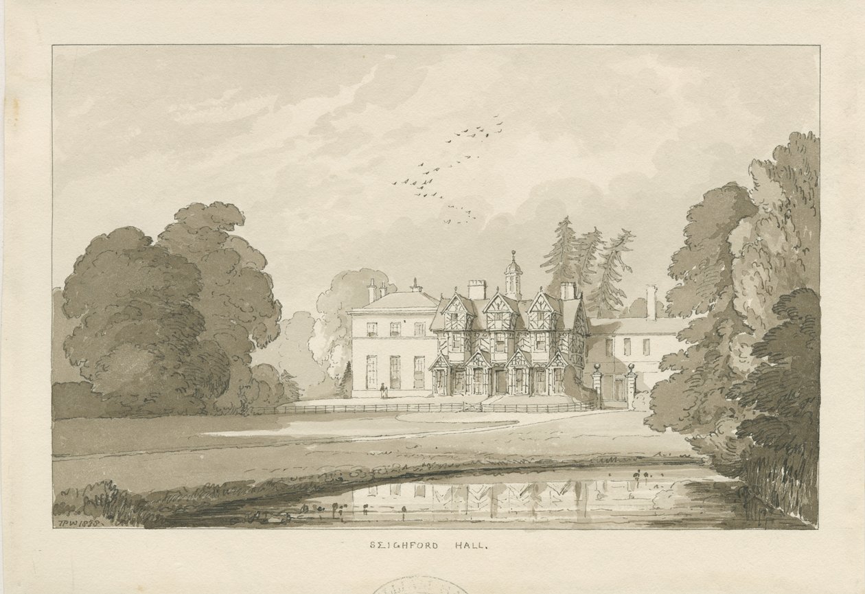 Seighford Hall: tegning i sepia wash af Thomas Peploe Wood