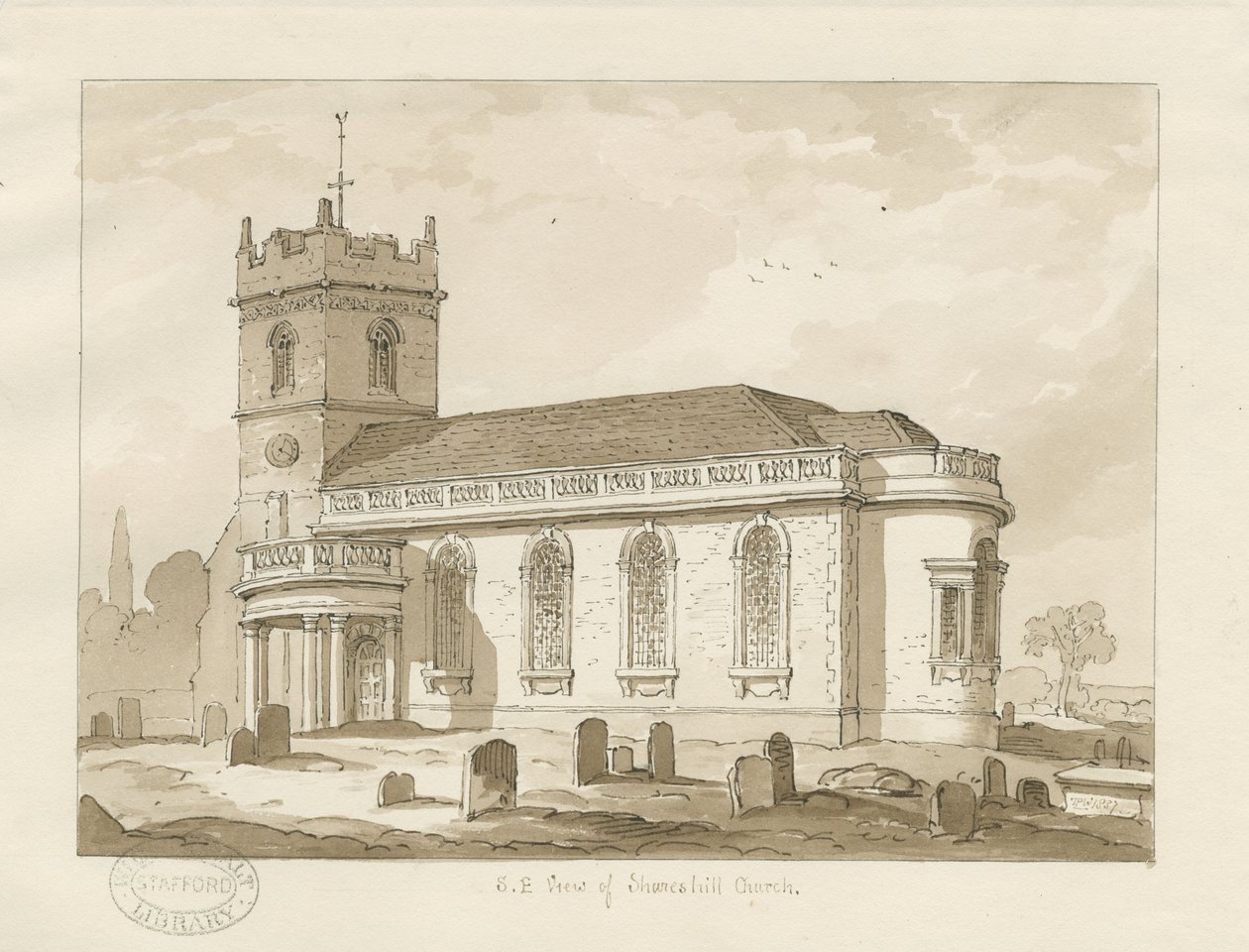 Shareshill Church: sepia tegning, 1837 af Thomas Peploe Wood