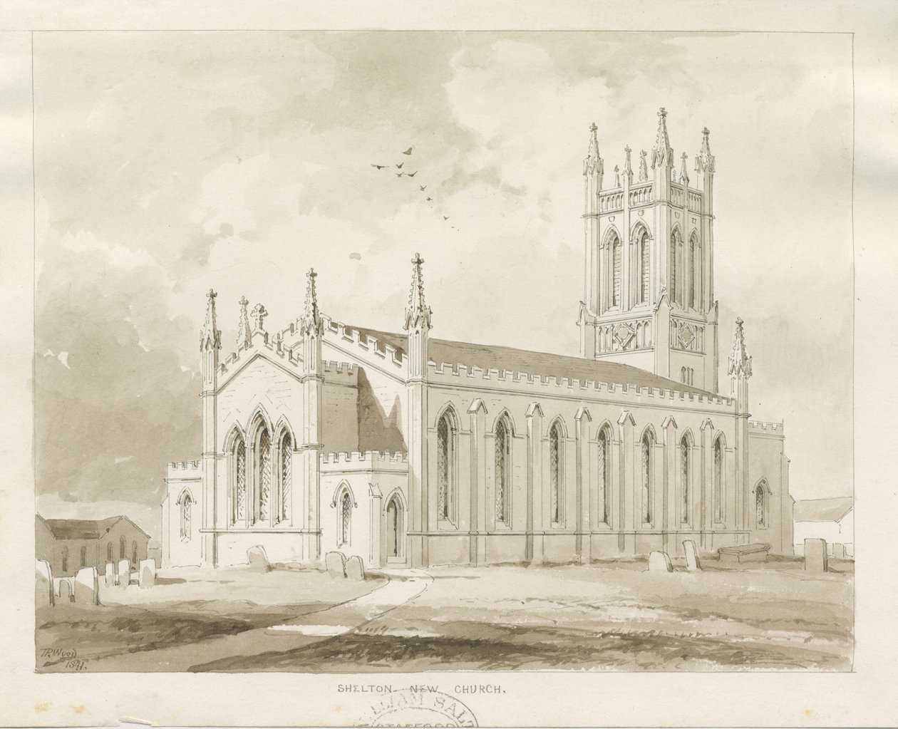 Shelton Church: sepia vask tegning af Thomas Peploe Wood