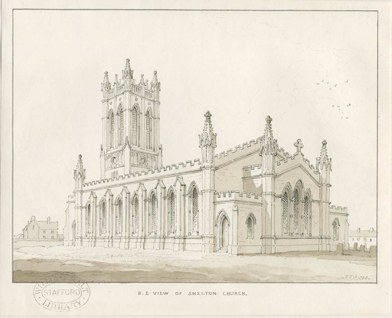 Shelton Church: sepia vask tegning af Thomas Peploe Wood