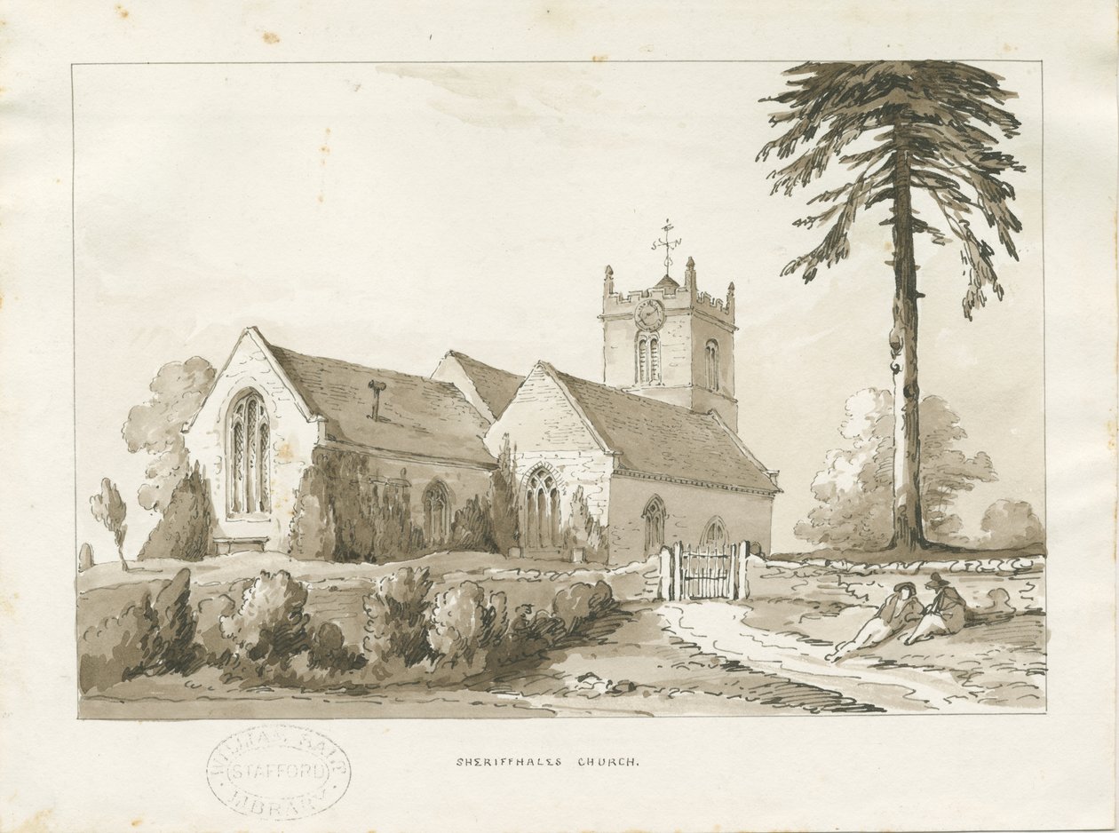 Sheriffhales Church: sepia vask tegning, nd [?1838] (tegning) af Thomas Peploe Wood