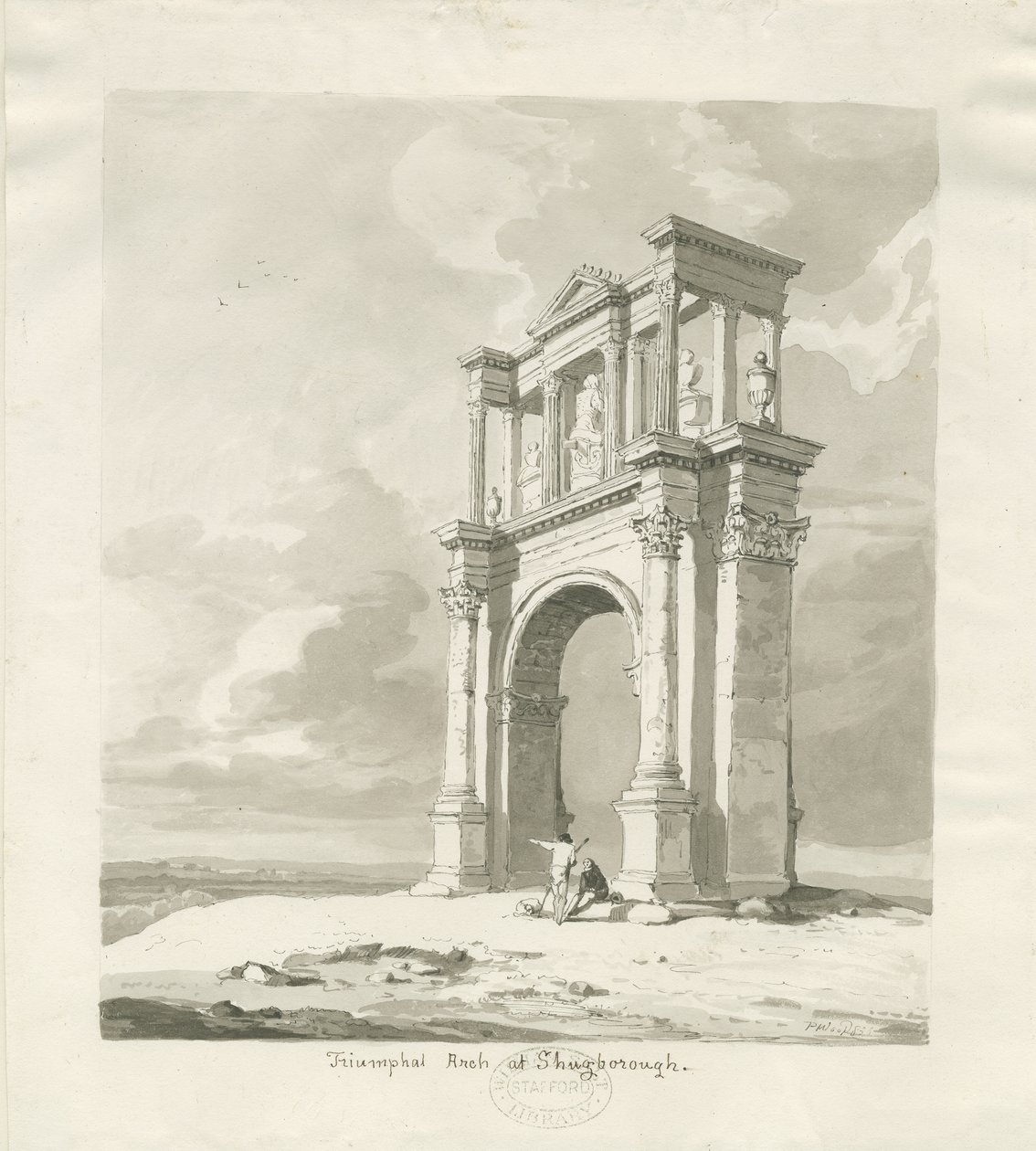 Shugborough - Triumfbue: sepia-tegning, 1836 af Thomas Peploe Wood