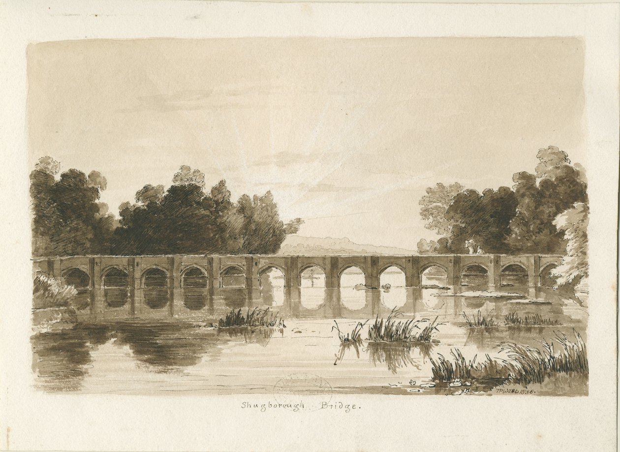 Shugborough Bridge: sepia tegning af Thomas Peploe Wood