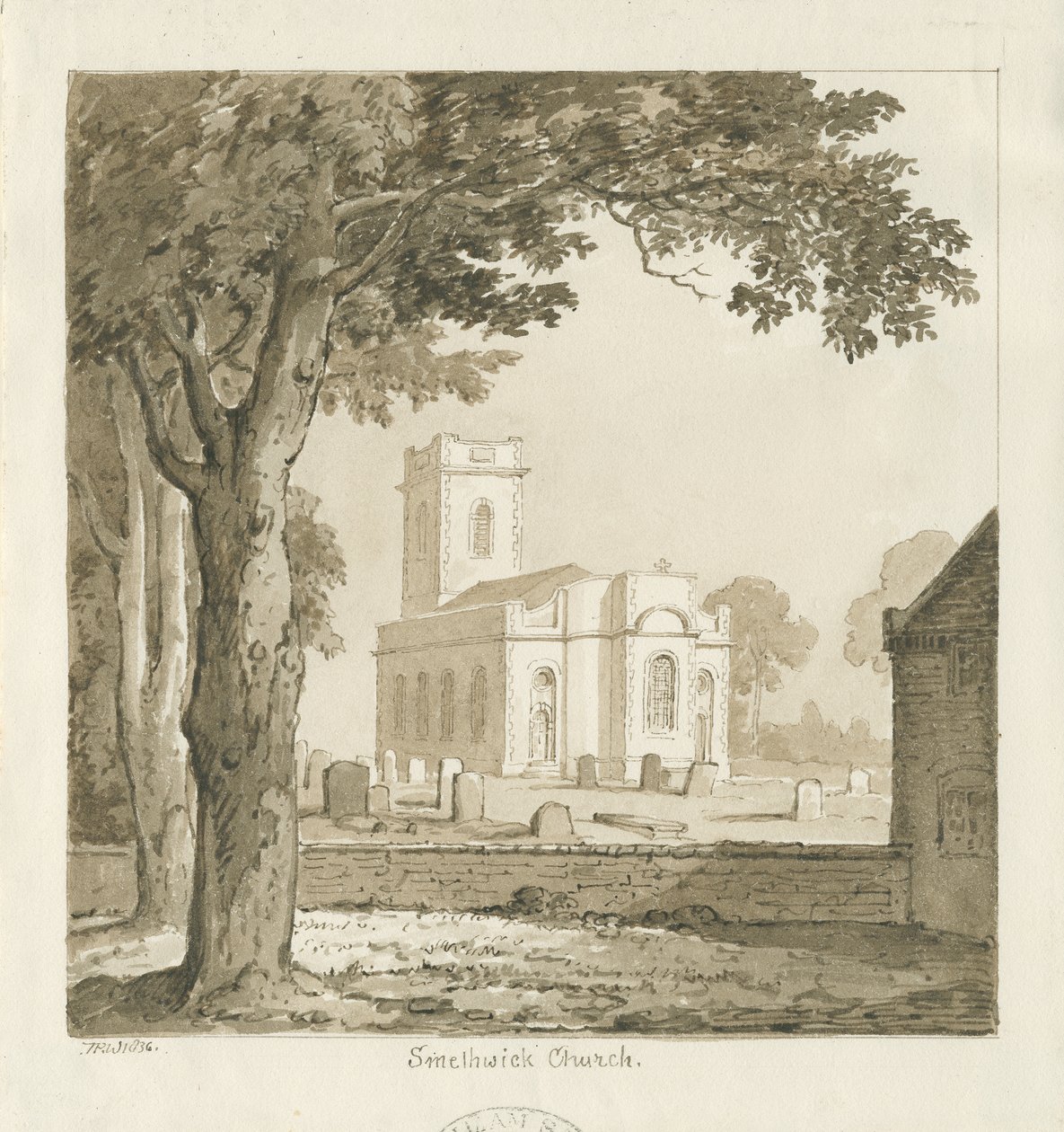 Smethwick Church: sepia tegning, 1836 af Thomas Peploe Wood