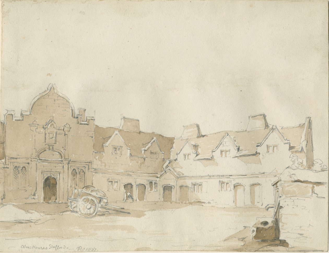 Stafford - Alms Houses: pentegning, 1837 af Thomas Peploe Wood