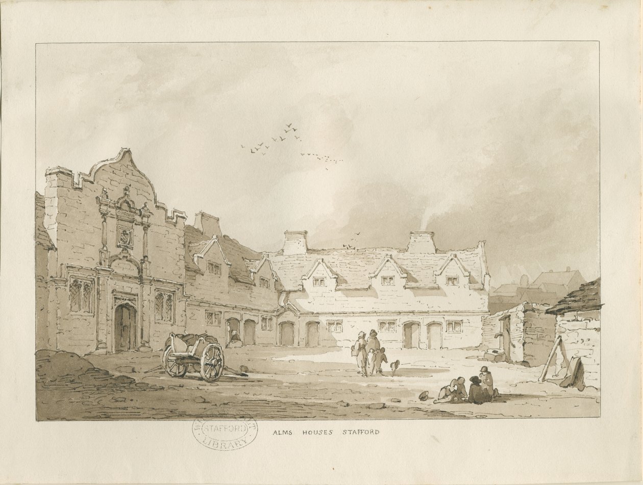 Stafford - Alms Houses: sepia tegning, nd [1837] (tegning) af Thomas Peploe Wood
