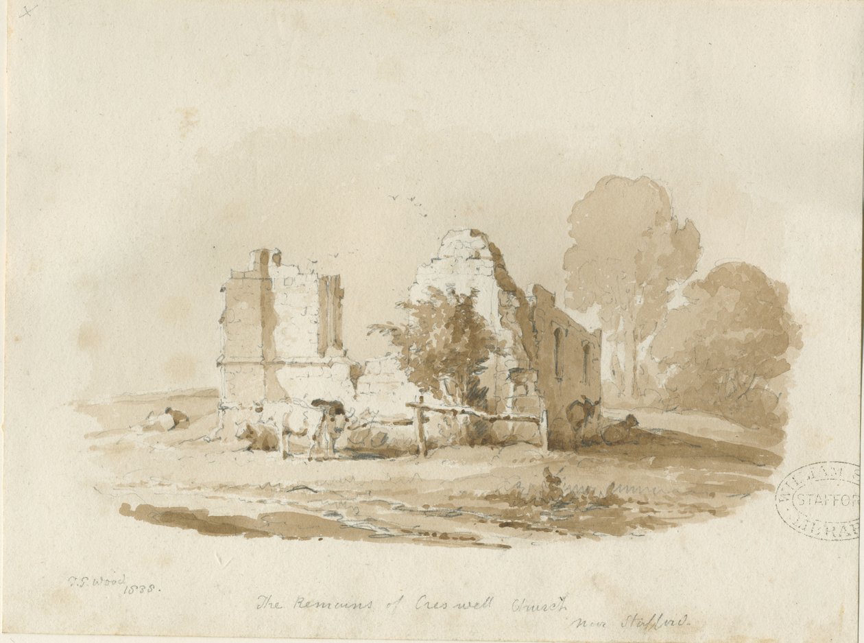 Stafford - Creswell Chapel: sepia-tegning (vignetteret) af Thomas Peploe Wood