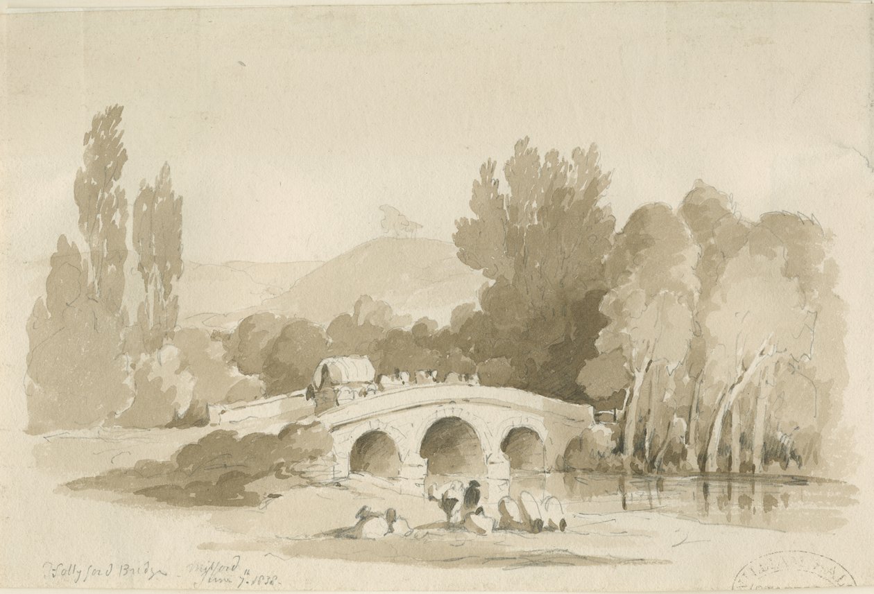 Stafford - Hollyford Bridge, Milford: sepia-tegning, 7. juni 1838 (tegning) af Thomas Peploe Wood