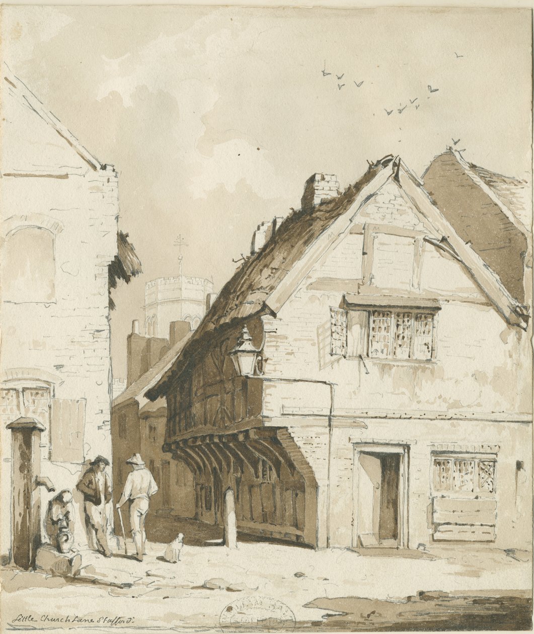 Stafford - Little Church Lane: sepia-tegning, nd [c 1837] af Thomas Peploe Wood