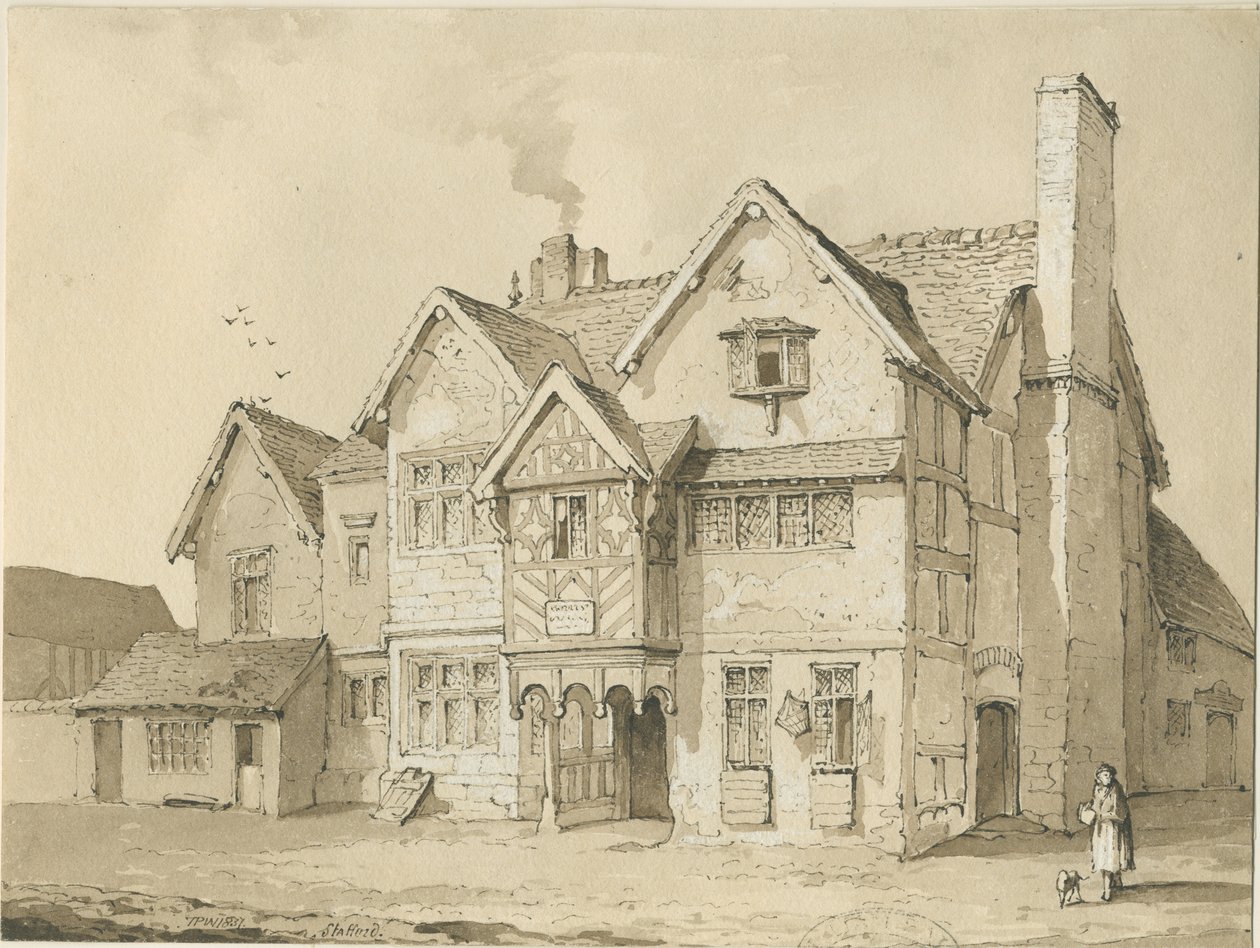 Stafford - [Old Houses in Crabbery Lane]: sepia- og pentegning af Thomas Peploe Wood
