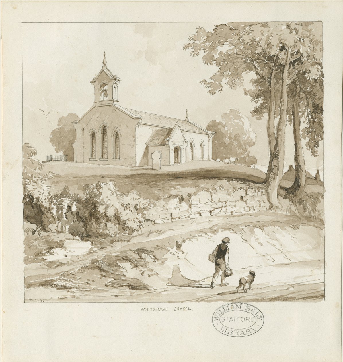Stafford - Whitgreave Chapel: sepia tegning, nd [c 1838] (tegning) af Thomas Peploe Wood