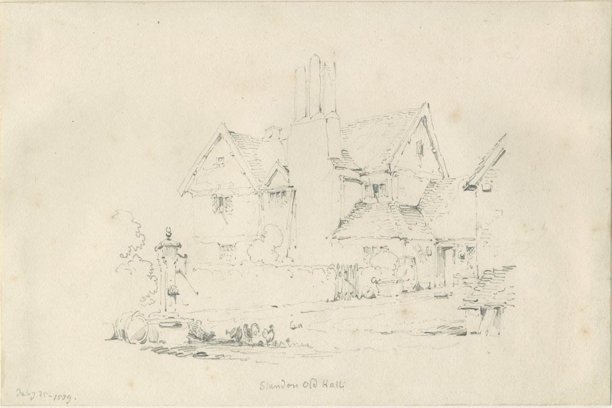 Standon Hall: blyantstegning, 25. februar 1839 af Thomas Peploe Wood