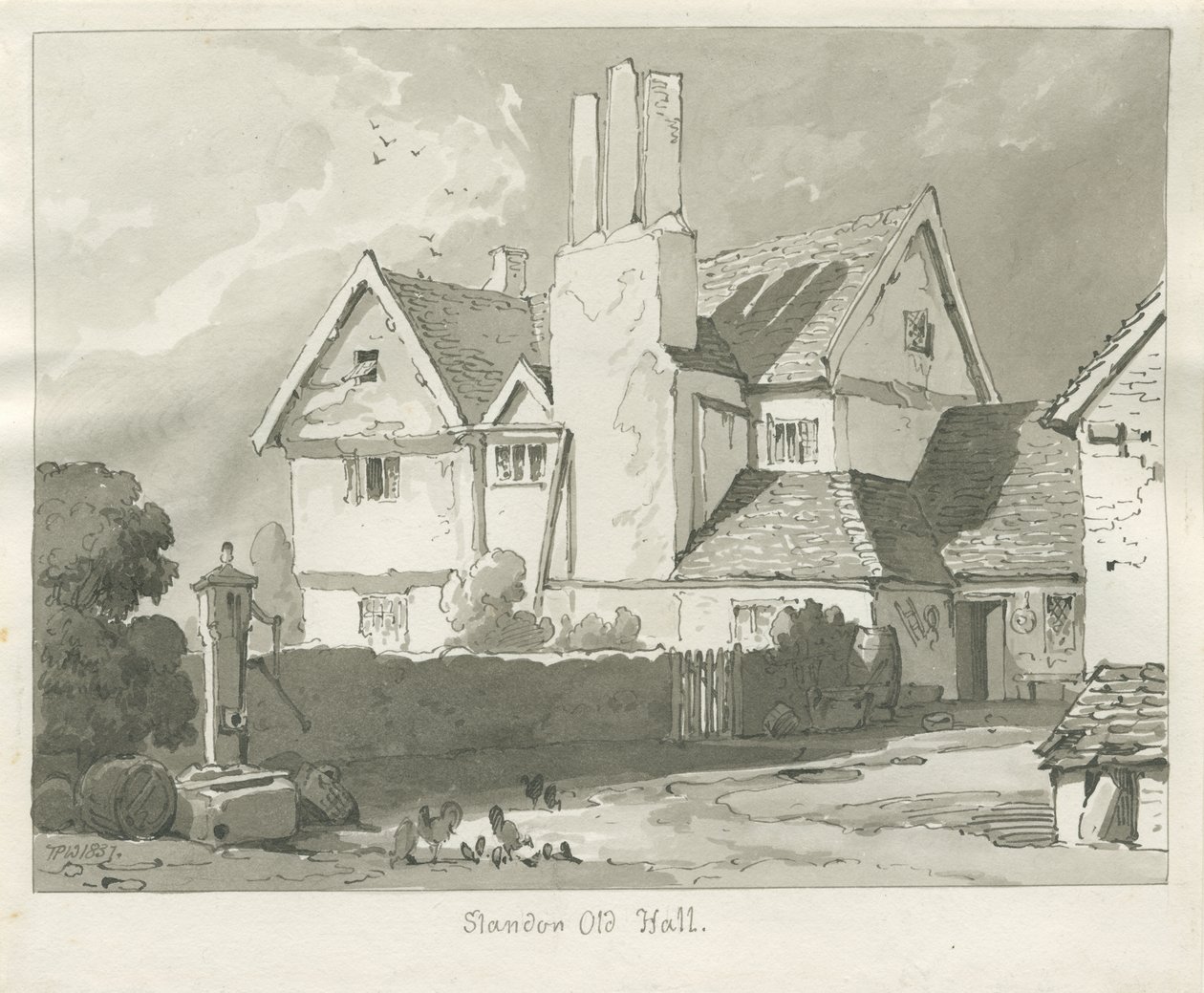 Standon Hall: sepia tegning af Thomas Peploe Wood