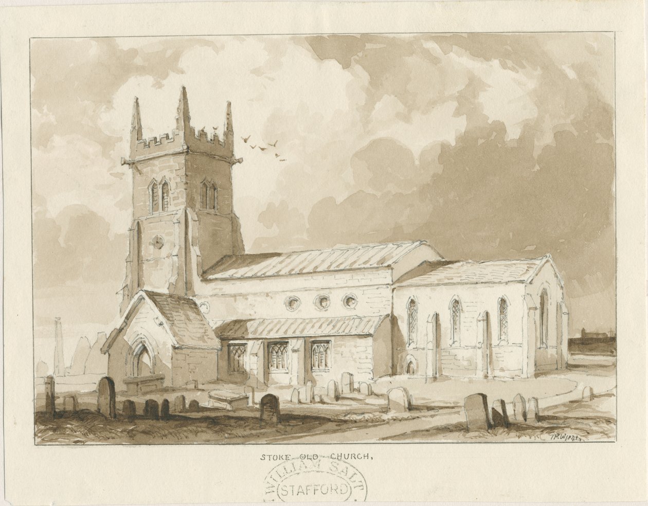 Stoke-upon-Trent Church [gammel]: sepia-tegning, 1841 af Thomas Peploe Wood