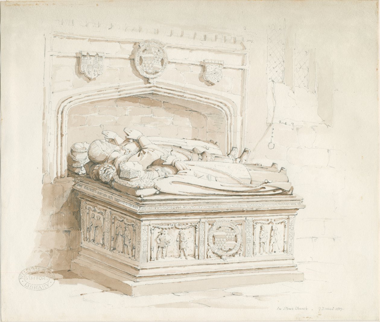 Stowe Church - Bordgrav [af Sir Walter Devereux]: sepia-tegning af Thomas Peploe Wood