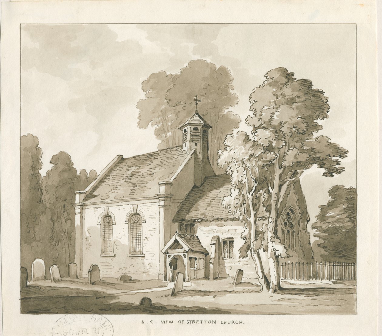 Stretton Church: sepia vask tegning, nd [?1838] af Thomas Peploe Wood