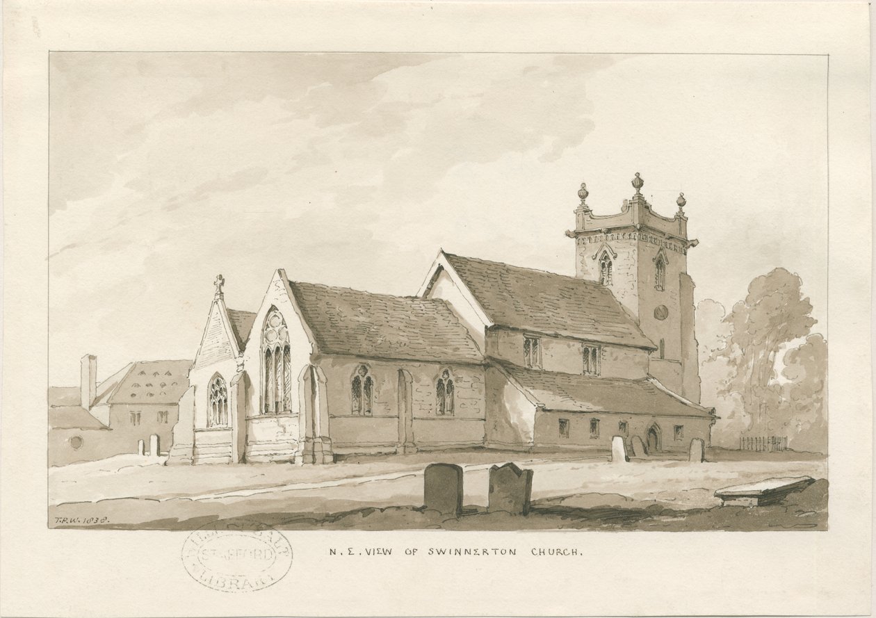 Swynnerton Church: sepia vask tegning, 1838 af Thomas Peploe Wood