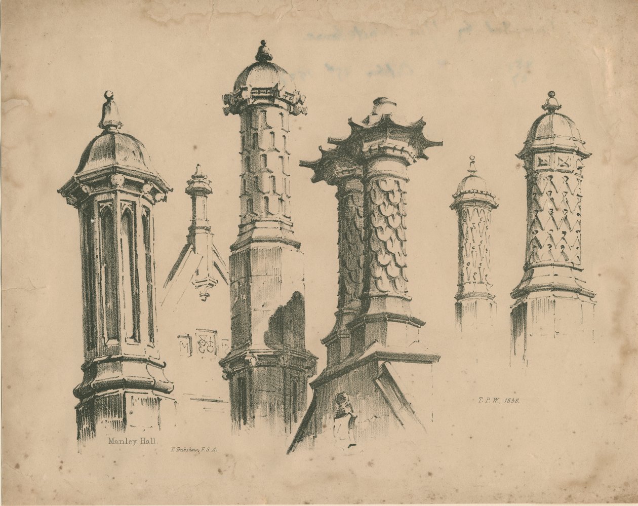 Thickbroom Hall ["Manley Hall"] - Finials og skorstene: litografi, 1838 af Thomas Peploe Wood