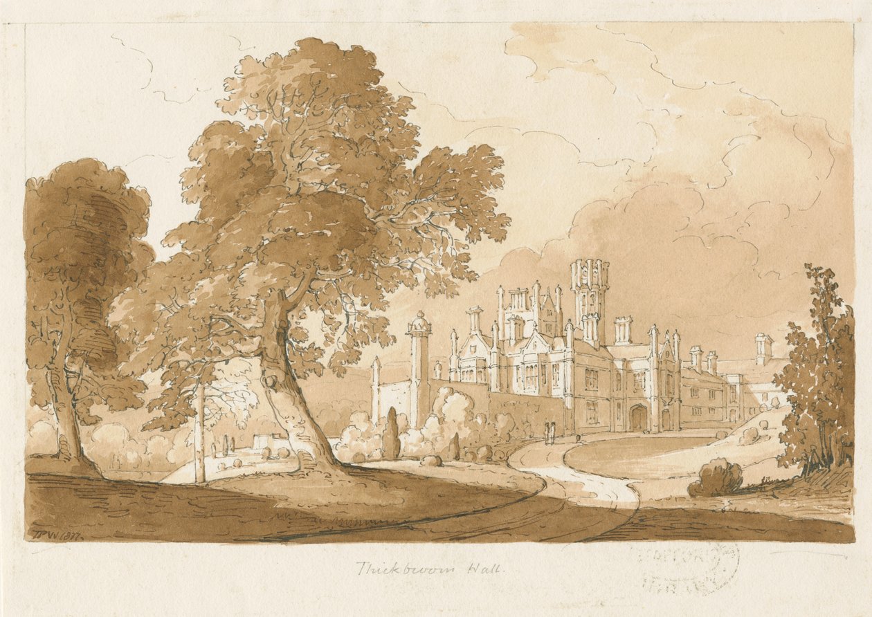 "Thickbroom Hall" [Manley Hall]: sepia vask tegning, 1837 af Thomas Peploe Wood