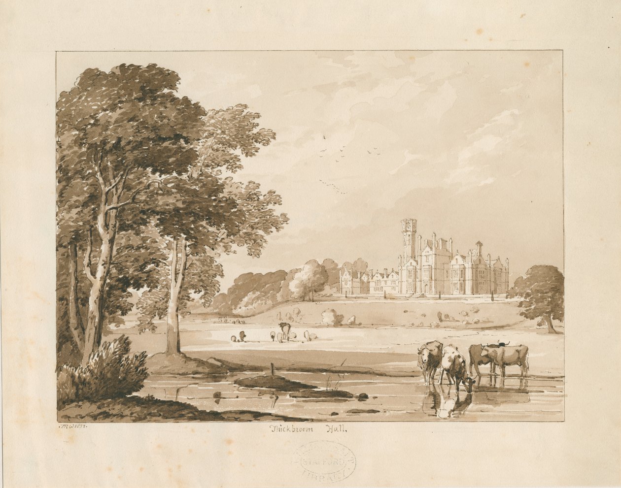 "Thickbroom Hall" [Manley Hall]: sepia vask tegning, 1837 af Thomas Peploe Wood