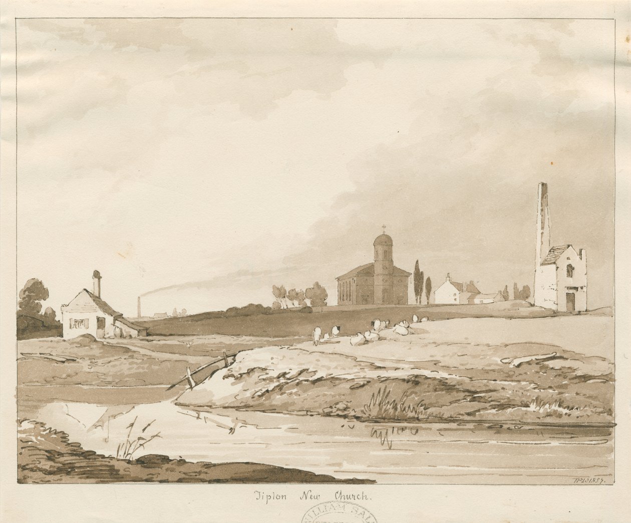 Tipton New Church: sepia vask tegning af Thomas Peploe Wood