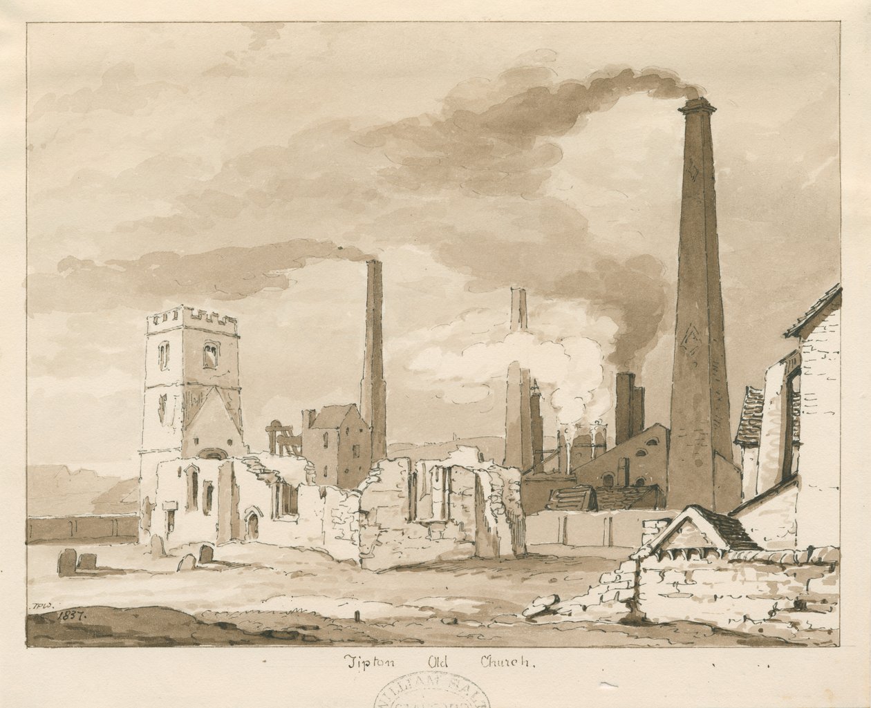 Tipton Old Church: sepia vask tegning, 1837 af Thomas Peploe Wood
