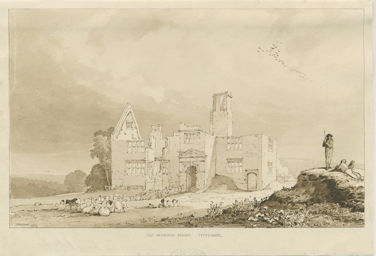 Tittensor - Old Manor House: sepia vask tegning, 1837 af Thomas Peploe Wood