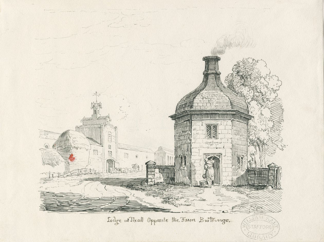 Tixall - Lodge: pen og blæk tegning af Thomas Peploe Wood
