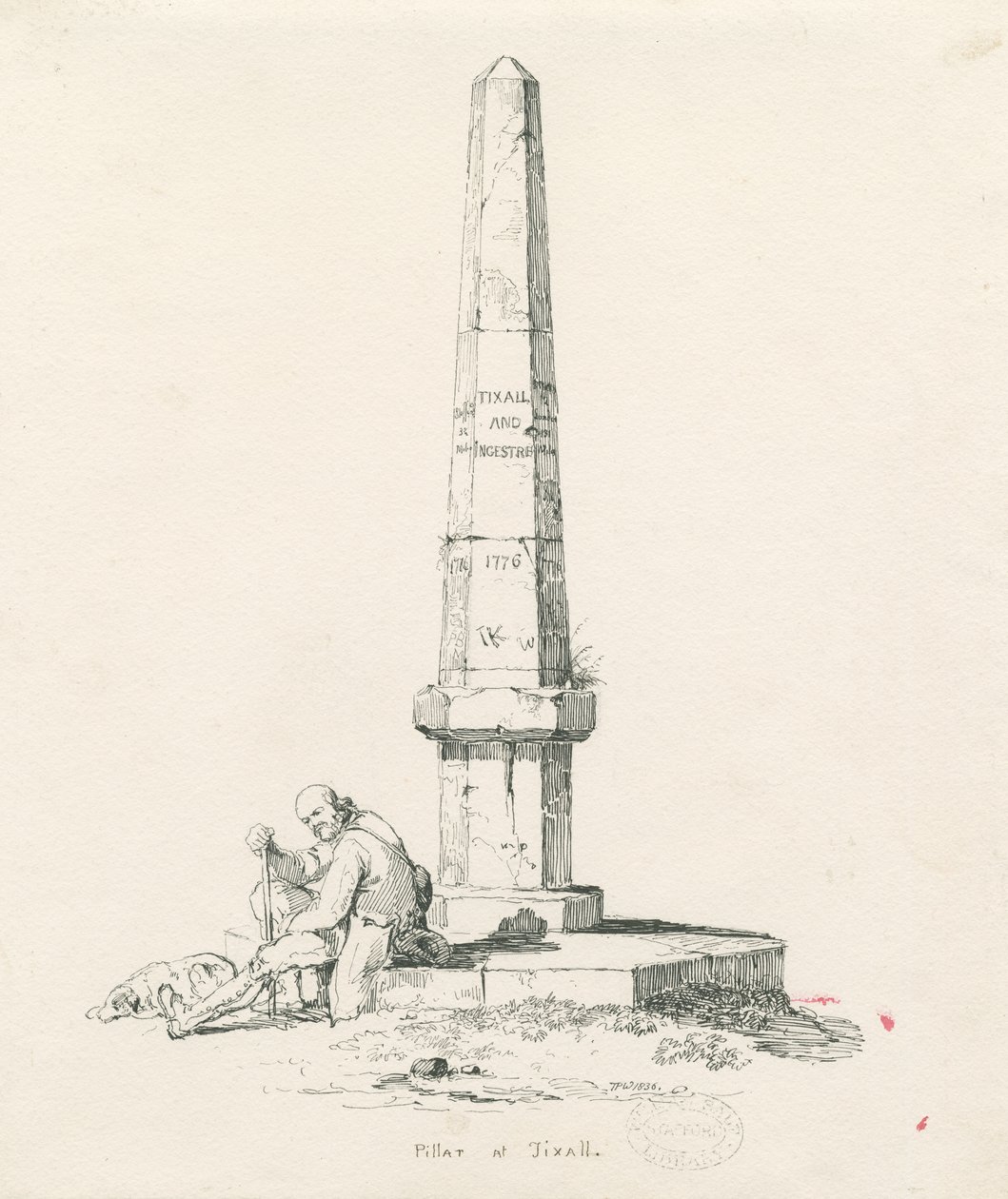 Tixall - søjle, der viser kilometerafstande: pen- og blæktegning af Thomas Peploe Wood