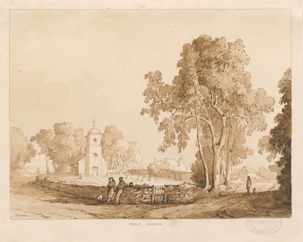 Tixall kirke: rød-sepia tegning, 1837 af Thomas Peploe Wood