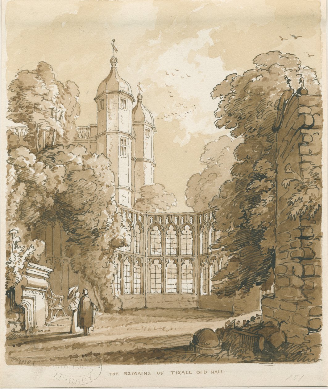 Tixall Hall: pen og vask tegning, 1838 af Thomas Peploe Wood