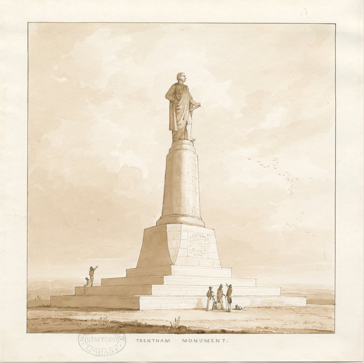 Trentham - Monument til hertug af Sutherland: pen og vask tegning, 1838 af Thomas Peploe Wood