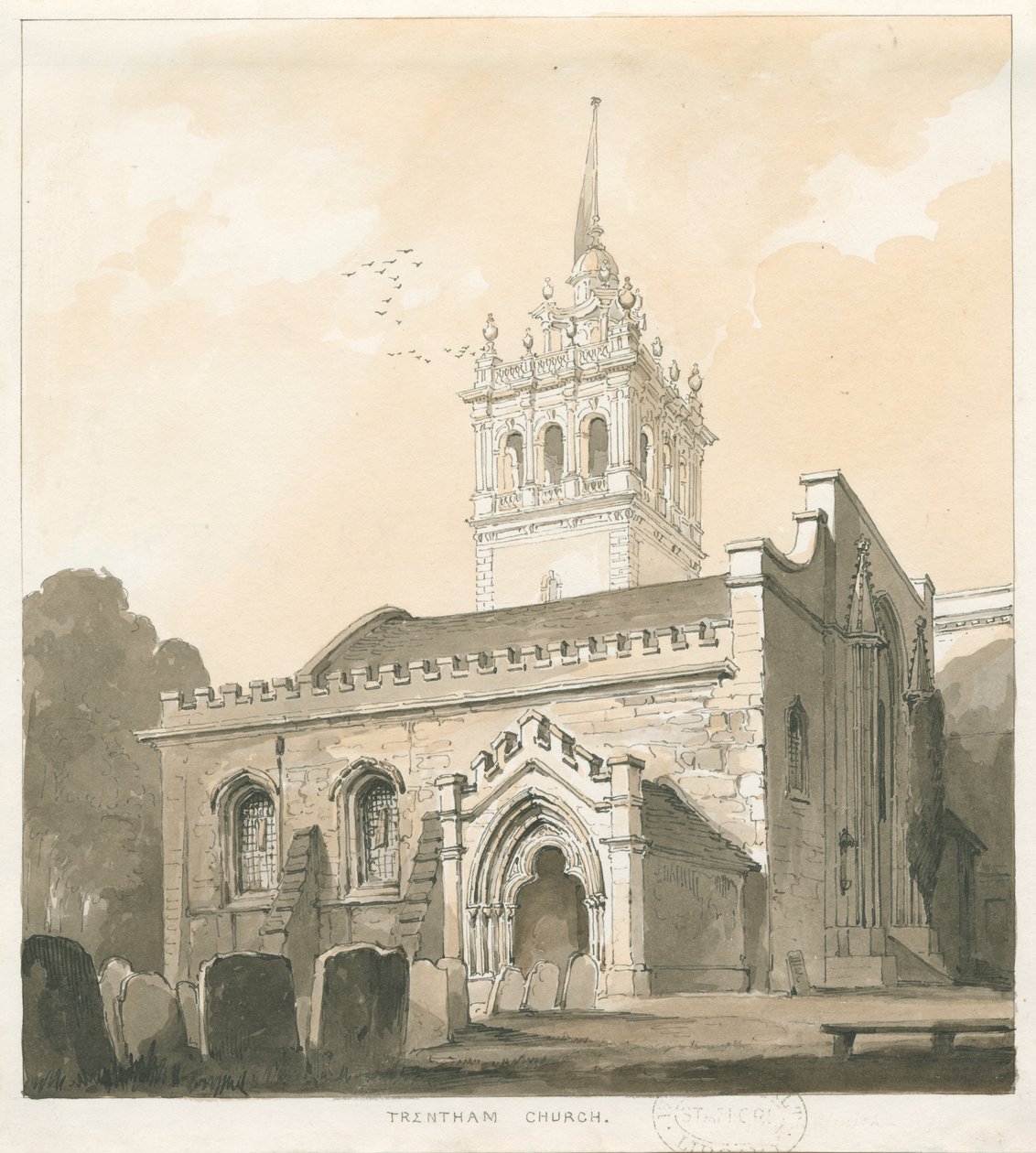 Trentham Church: sepia og gul vask tegning, nd [?1838] af Thomas Peploe Wood