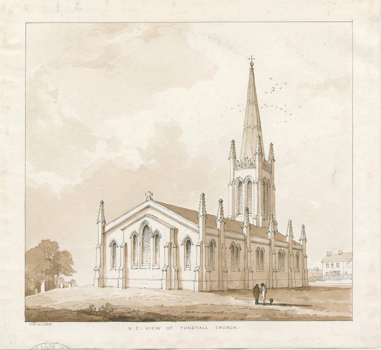 Tunstall Kirke: pen og vask tegning, 1838 af Thomas Peploe Wood