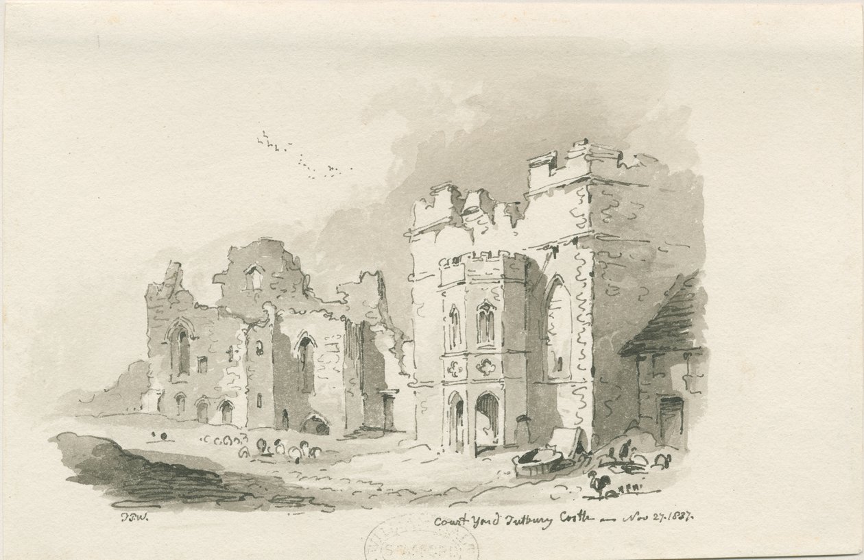 Tutbury Castle - Court Yard: pen og vask tegning, 27. november 1837 af Thomas Peploe Wood