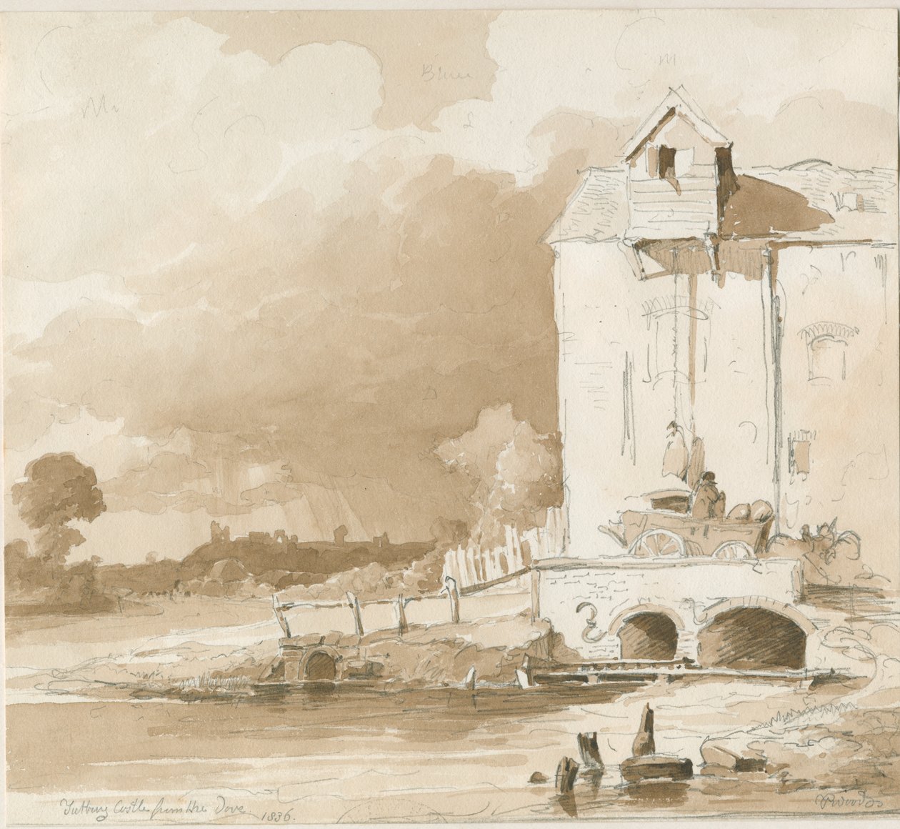 Tutbury Castle: Fjernsyn fra River Dove: blyant- og vasketegning, 1836 af Thomas Peploe Wood