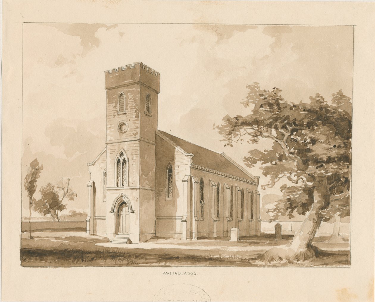 Walsall Wood Church: sepia tegning, nd [1817-1845] (tegning) af Thomas Peploe Wood