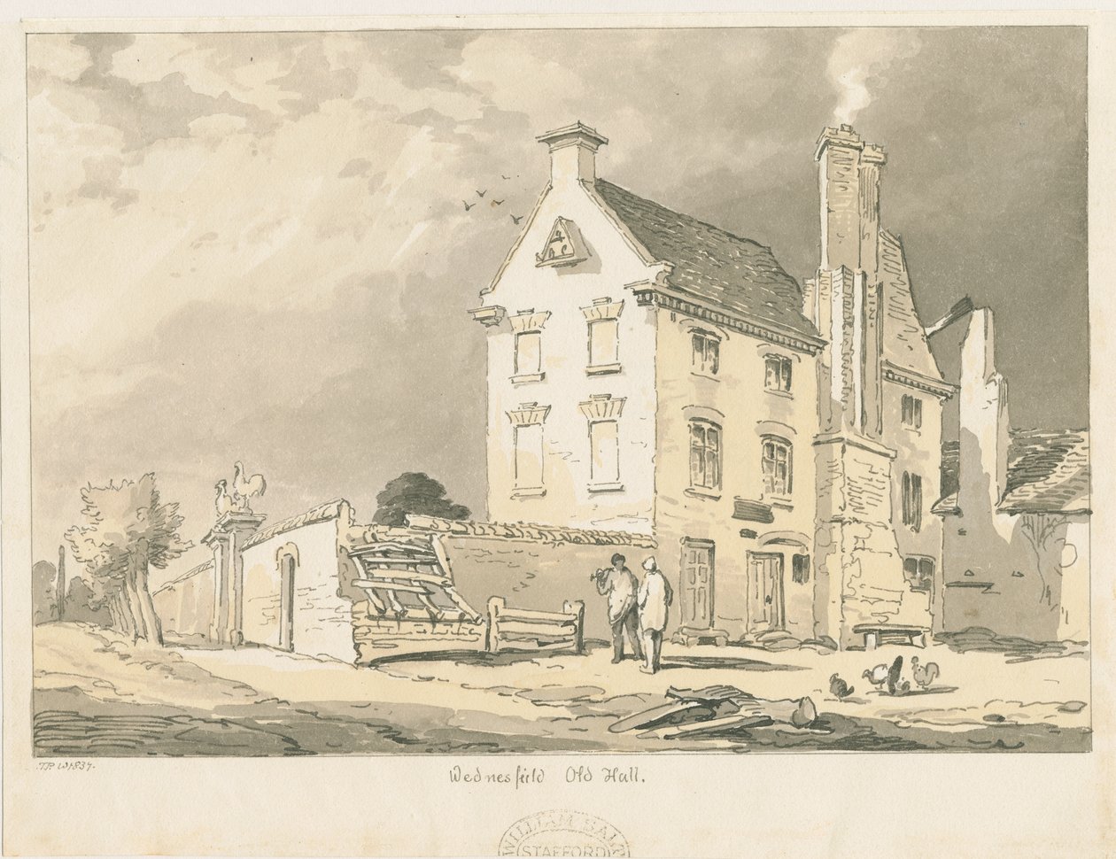Wednesfield - "Old Hall": sepia, pen og farvetone tegning, 1837 af Thomas Peploe Wood