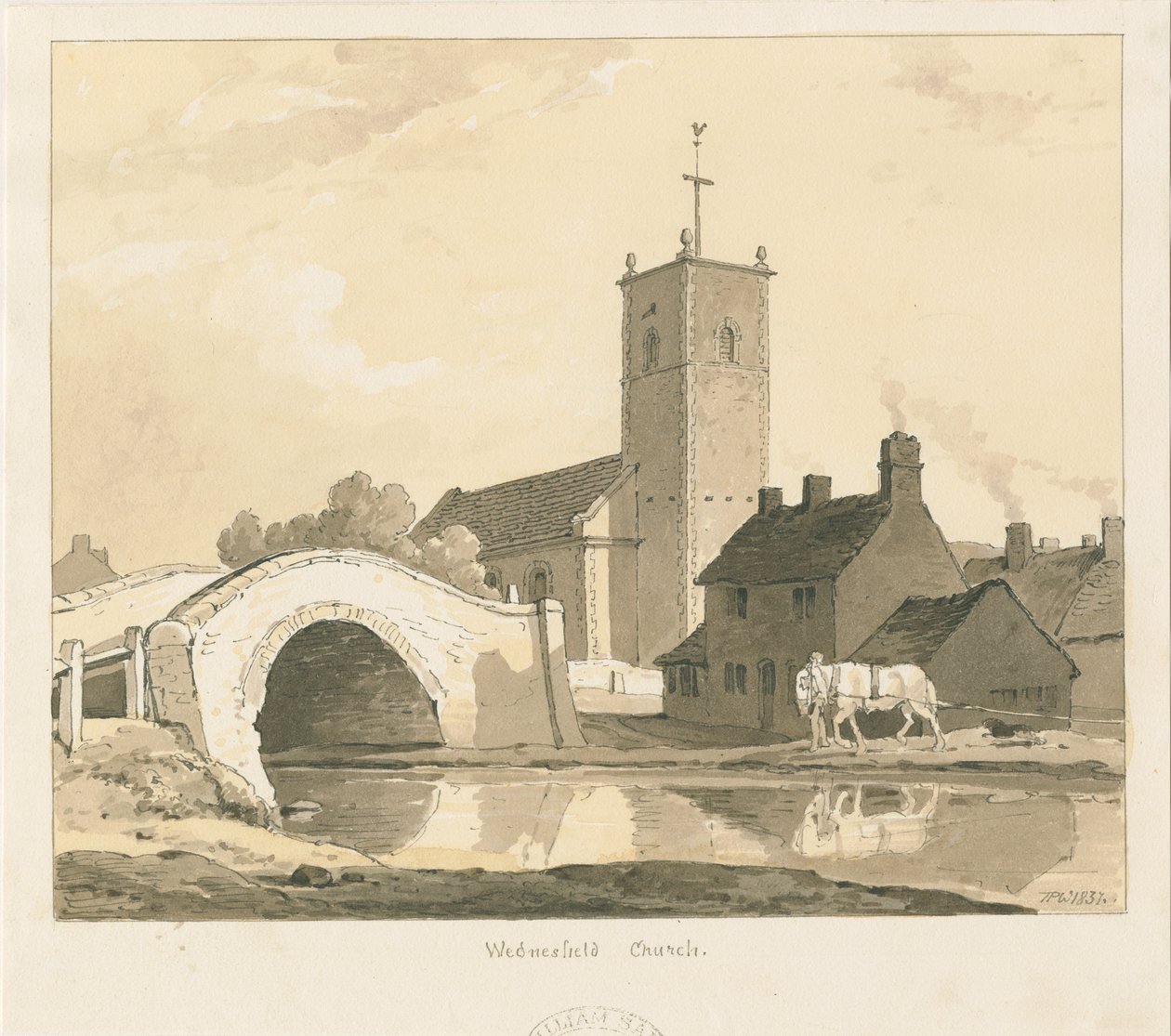 Wednesfield Church and Bridge: sepia tegning, 1837 af Thomas Peploe Wood