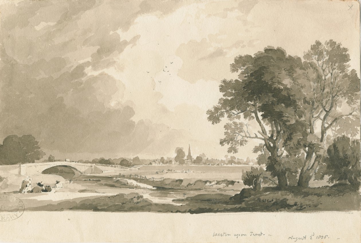 Weston-on-Trent - Distant View: sepia- og blyantvask-tegning, 2. august 1838 af Thomas Peploe Wood