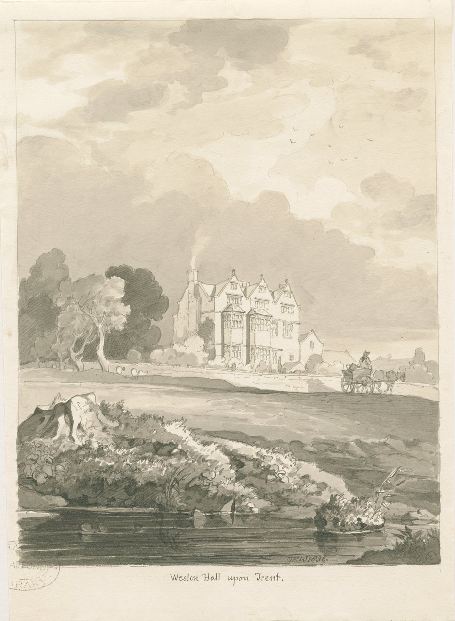 Weston-on-Trent - Hall: sepia tegning af Thomas Peploe Wood