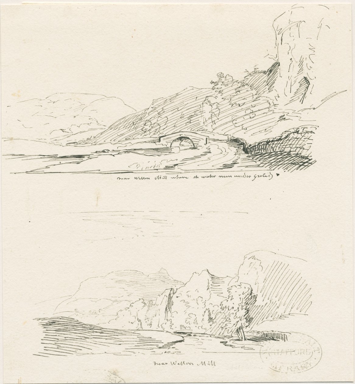 Wetton Mill: pen- og blæktegning, nd [1817-1845] af Thomas Peploe Wood