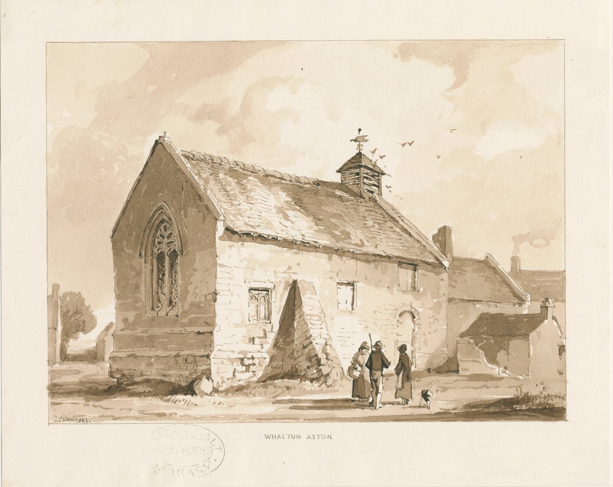 Wheaton Aston Chapel: sepia vask tegning, 1841 af Thomas Peploe Wood